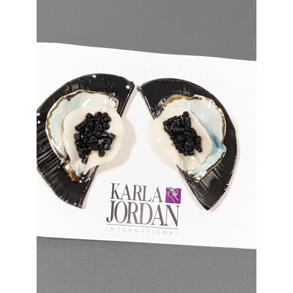 Vintage Karla Jordan Black White Blue Crescent Porcelain 3D Pierced Earrings - Picture 4 of 8